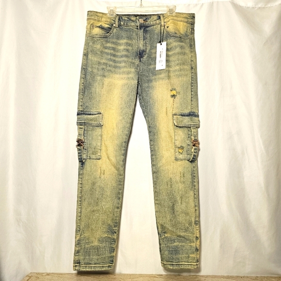 NWT THRT Varsity C-15 Mens Distressed Blue Denim Dirty Wash Stretch Jeans 38 - Picture 1 of 13